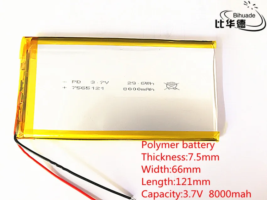 3.7V,8000mAH,7566121 PLIB; polymer lithium ion / Li-ion battery for GPS,mp3,mp4,mp5,dvd,bluetooth,model toy mobile bluetooth