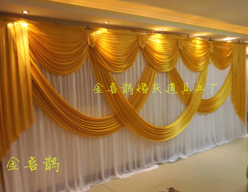 

2024 HOT Wedding Backdrops Curtain with luxurious Gold Swag Ice Silk Pleated Wedding Decorations 3m*6m