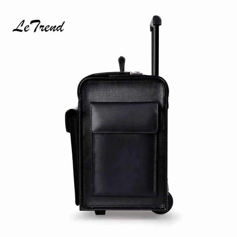 Letrend Cow Genuine Leather Rolling Luggage Pilots/captains dedicated flight Trolley Cabin Suitcases Wheels Laptop Travel Bag