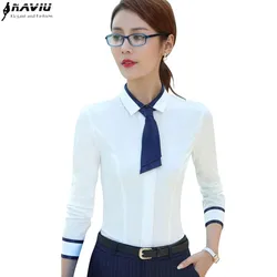 Spring Summer Fashion Female Long-Sleeve Shirt Slim Patchwork Bow Tie Women White Blouse Office Ladies Work Wear Tops