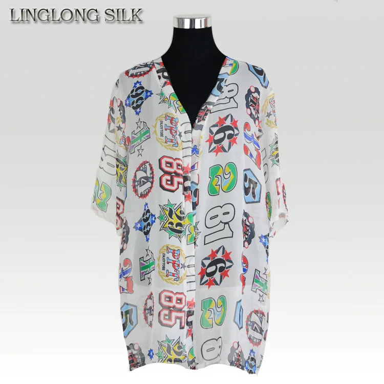 Silk Chiffon Shirt/100% Natural Silk Chiffon/New 2015 Summer Sunproof Women Shirt Free Size Floral Print Shirts