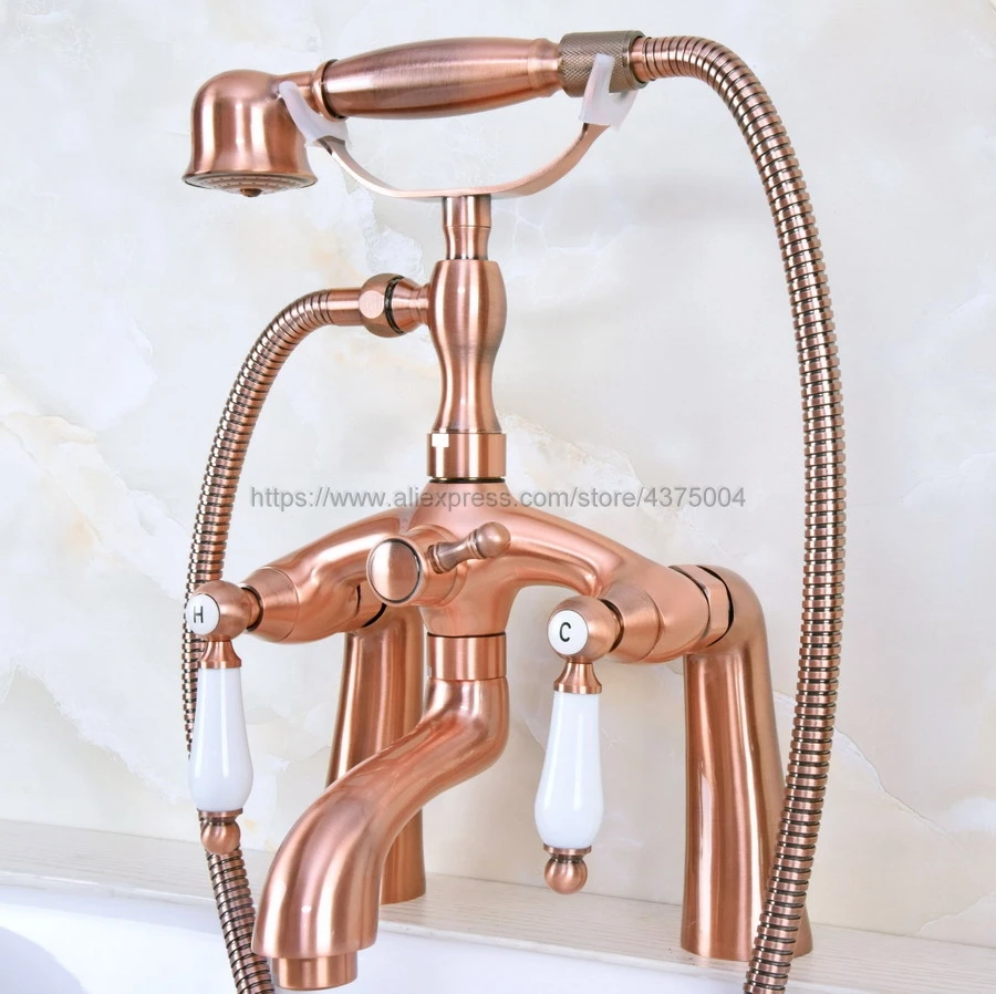 

Antique Red Copper Deck Mounted Telephone Shape Spout Bathtub Mixer Tap Dual Handles with hand shower faucets Nna165