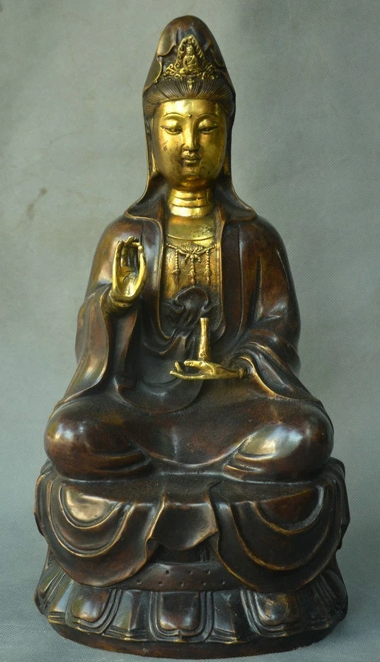 Old Chinese Bronze Gilt Kwan-yin GuanYin Avalokitesvara Boddhisattva Vase Statue