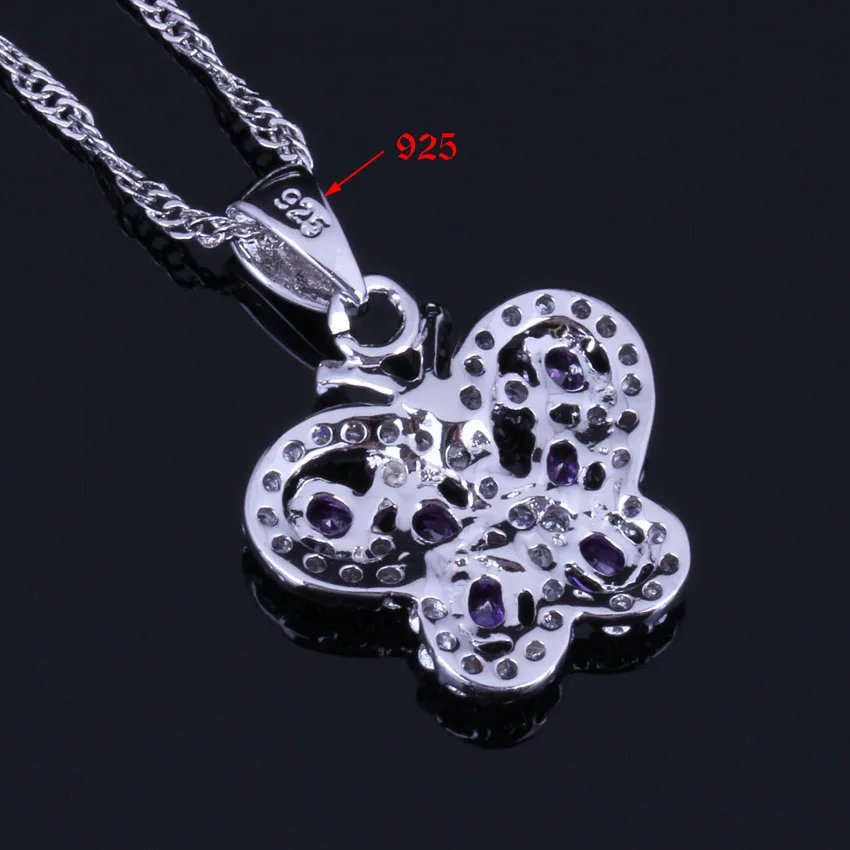 Majestic Butterfly Purple Cubic Zirconia White CZ Silver Plated Jewelry Sets Earrings Pendant Chain Ring V1000