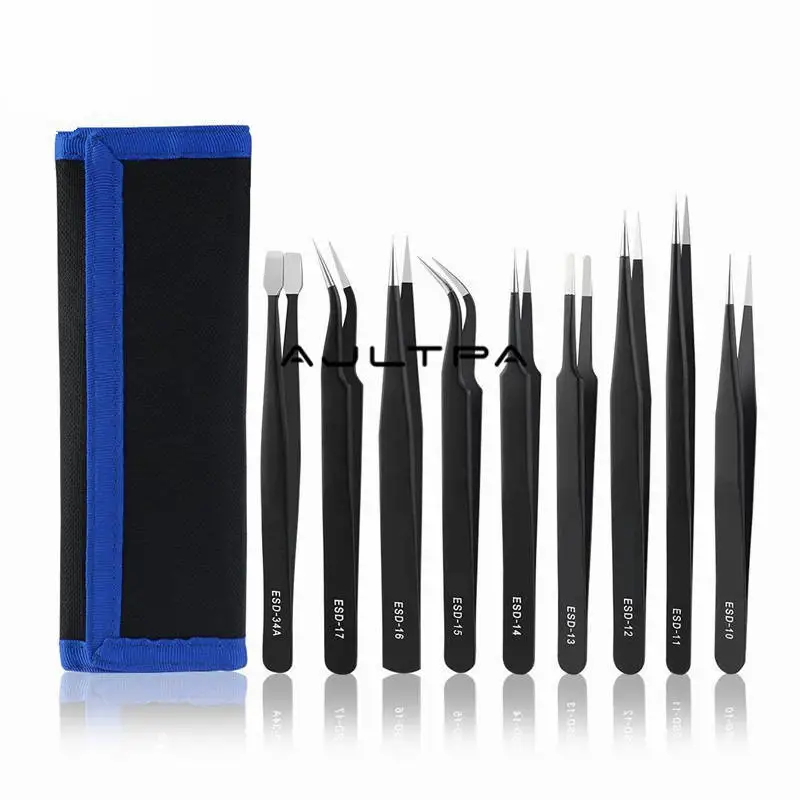 5Set Stainless Steel Anti-static Precision ESD Tweezer Set Tips Precision Curved Straight Tweezers Repair Hand Tool H4666