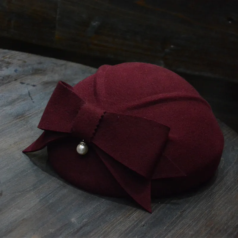 100% Wool Beret Hat Women Wool Felt Cap Ladies Bowtie Wedding Church Fedora Hat WInter Autumn Women Fedoras Caps B-8866