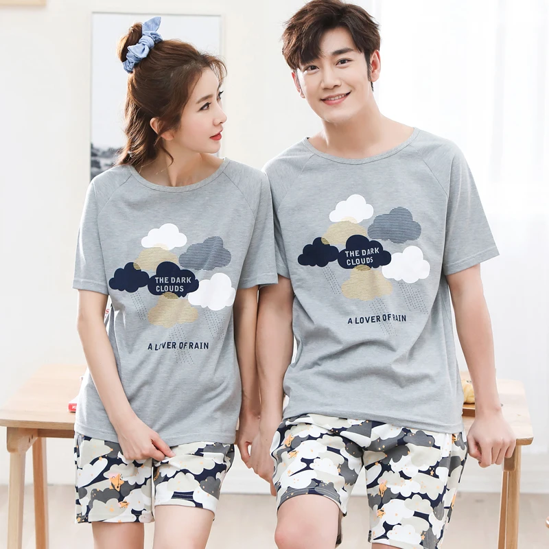 Summer 100%Cotton Short Sleeve Couple Pajamas Set Round Neck Leisure Loose M-4XL Lovers Homewear Pyjamas