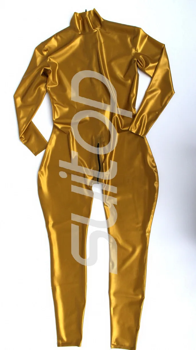 Suitop nature Gold latex catsuit rubber bodysuit with gloves back zip or front zip provide custom made