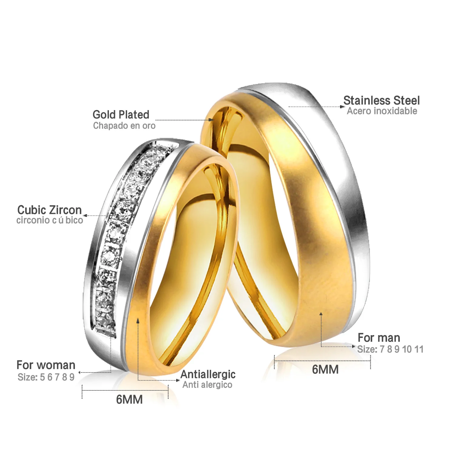 LUXUSTEEL cubic zirconia ring Couple Jewelry Gold Color anillo  Stainless Steel Engagement Rings Women Men Finger Accessories