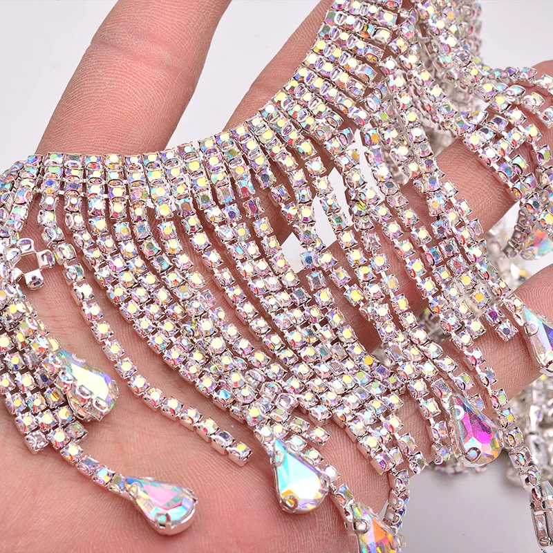 JUNAO 45cm/lot Crystal AB Glass Rhinestone Chain Fringe Tassels Sewing Metal Trim Crystal Applique Strass Banding Clothes Crafts