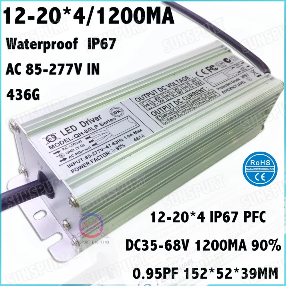 

2 Pcs High PFC IP67 80W AC85-277V LED Driver 12-20Cx4B 1200mA DC35-68V Constant Current LED Power For Spotlights Free Shipping