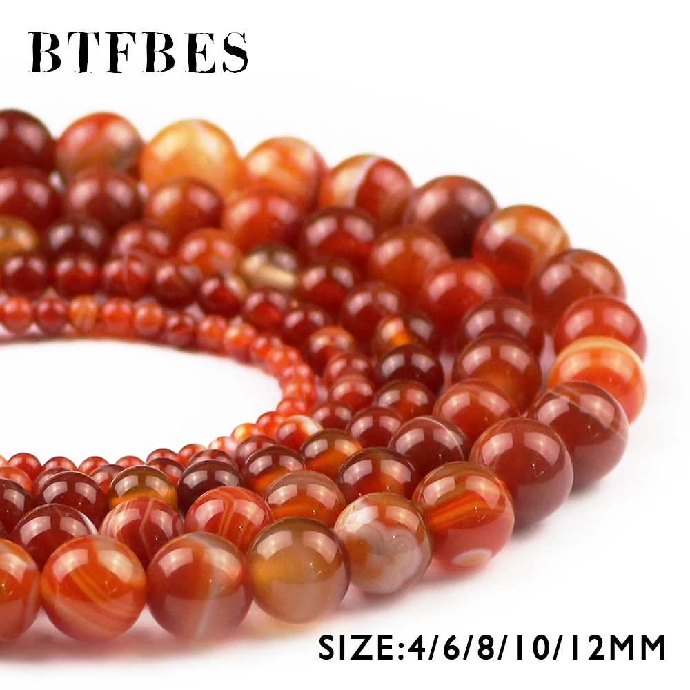 BTFBES Red Stripe Banded Carnelian Beads Natural Stone Ball 4 6 8 10 12MM Onyx Round Loose Beads For Jewelry Bracelet Making DIY