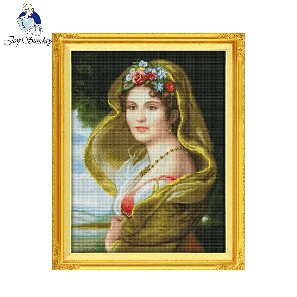 

Joy Sunday Oil Painting Girl Stamped Counted Cross Stitch Ornament Pattern Cross Sets for Embroidery Needlework Set Home Decor