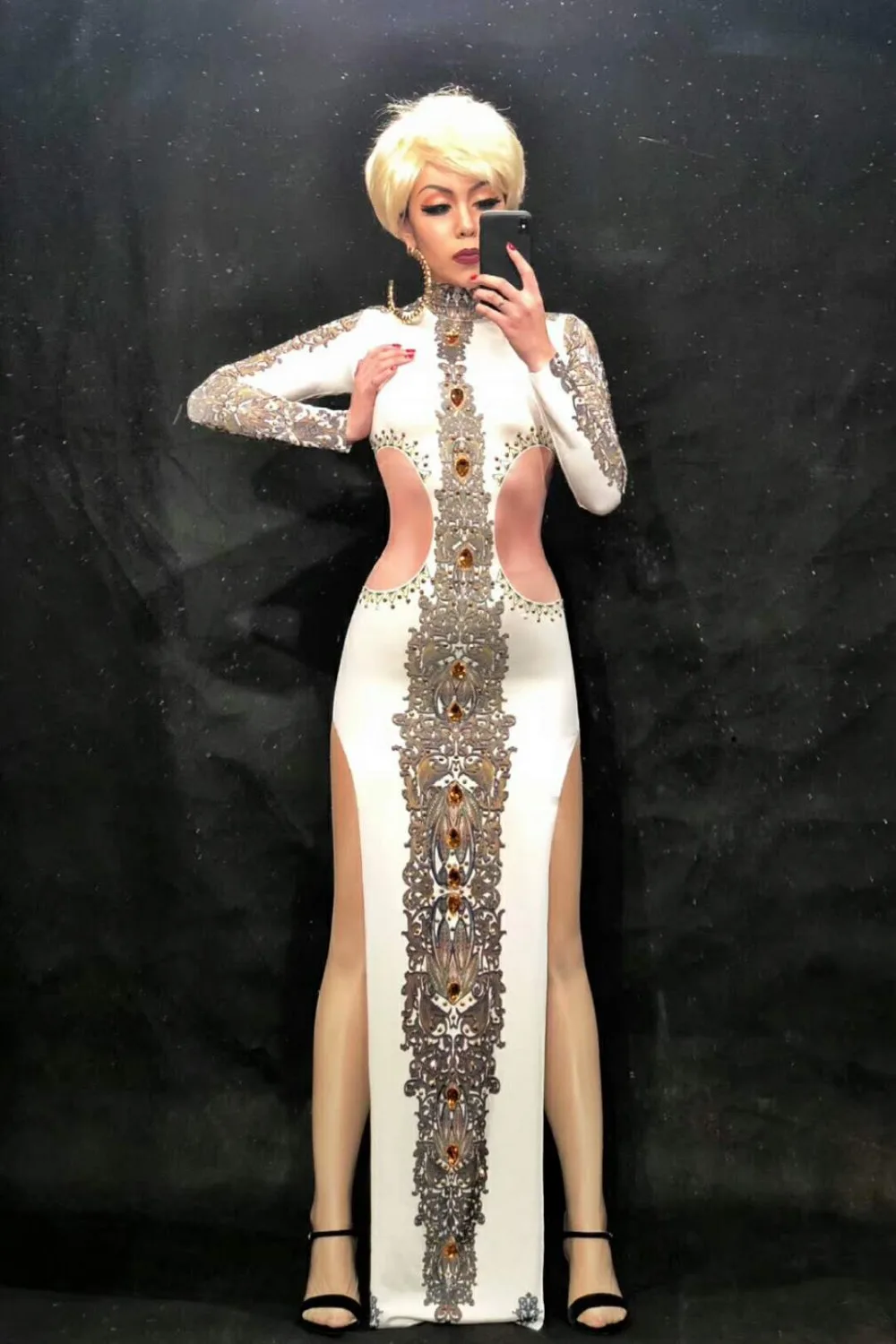 

New Women Sexy White Long Dress Big Yellow Glass Sparkling Crystals Nightclub Party Banquet Clothing Stage Wear Singer Costume