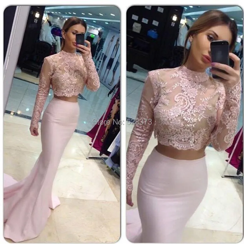 YNQNFS PD18 Sheer Lace Long Sleeves Sexy Backless Mermaid Prom Dress Two Piece 2018