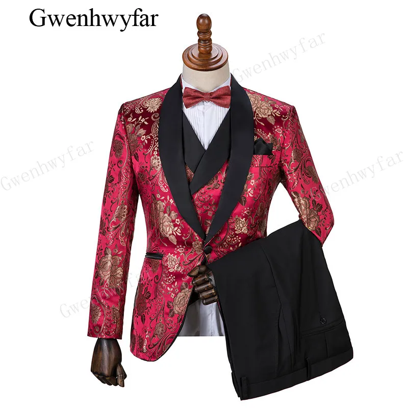 

Gwenhwyfar Brand Groom Tuxedos Groomsmen Red Flower Black Shawl Lapel Custom Made Formal Groom Wear Men Wedding Tuxedo 3