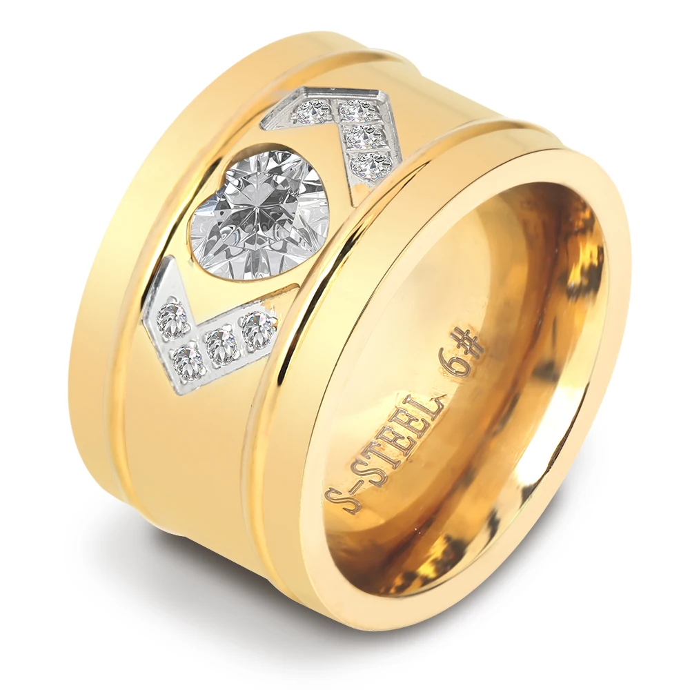 14mm Wide Yellow Gold Color Stainl.steel Heart CZ Zircon Channel Setting wedding ring for women