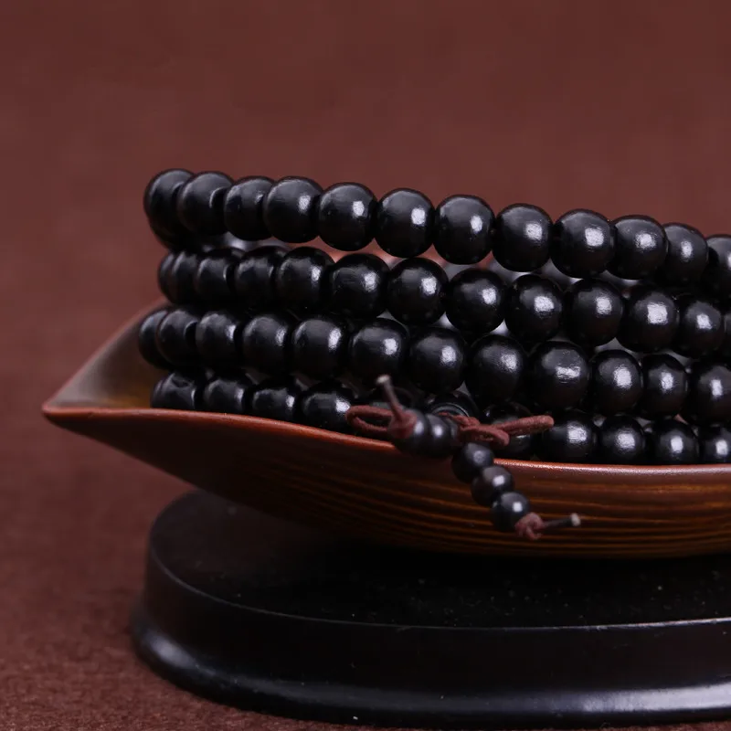 108*0.8/0.6cm Black Wooden Prayer Beads Bracelet Men Mala Buddha Natural Ebony Wood Buddhist Rosary Bangle Jewelry