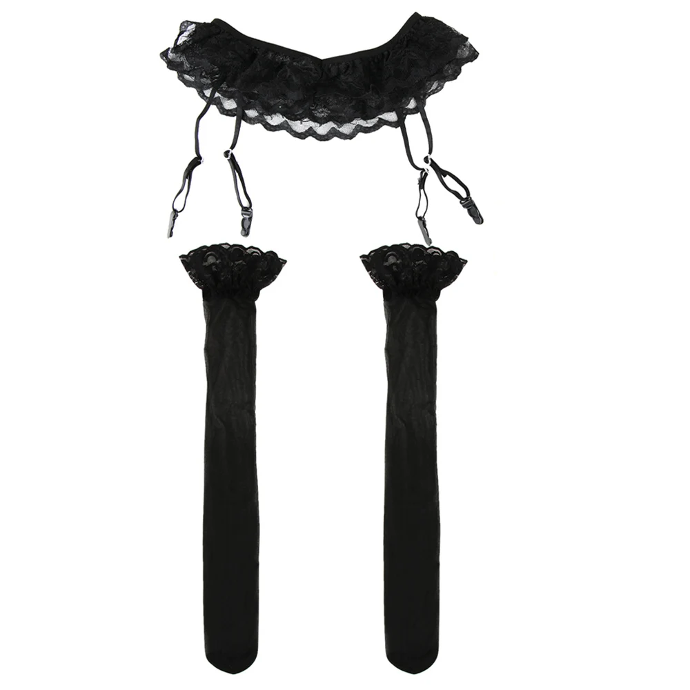 1Set Fashion Women Sexy Lace Soft Top Thigh-Highs Stockings + Suspender Garter Belt Black White Red Pink