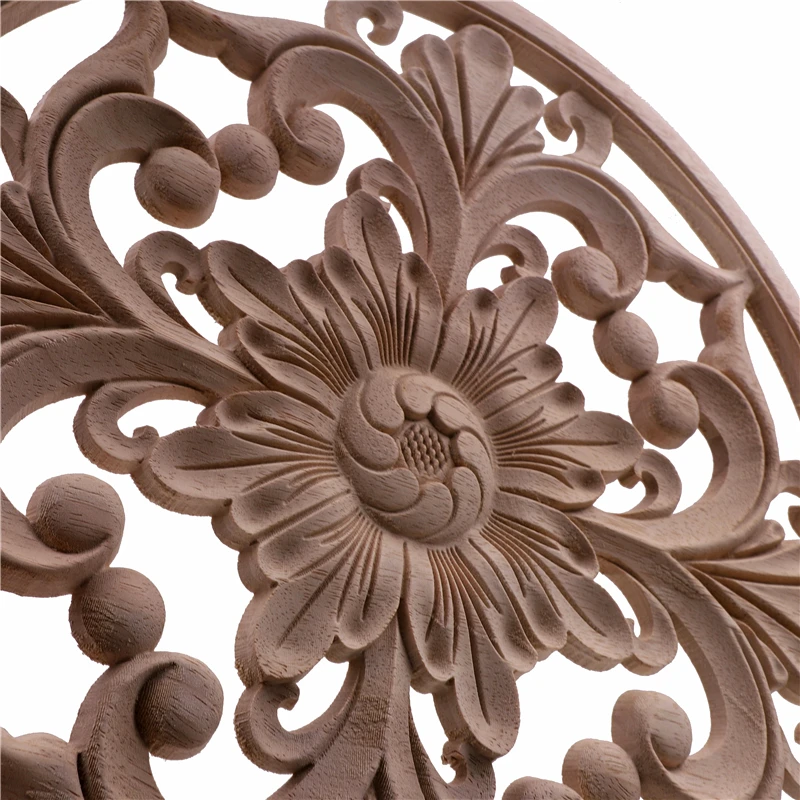 VZLX Round Decorative Fashion Floral Wood Carved Decal Corner Appliques Frame Wall Doors Furniture Woodcarving Wooden Figurines