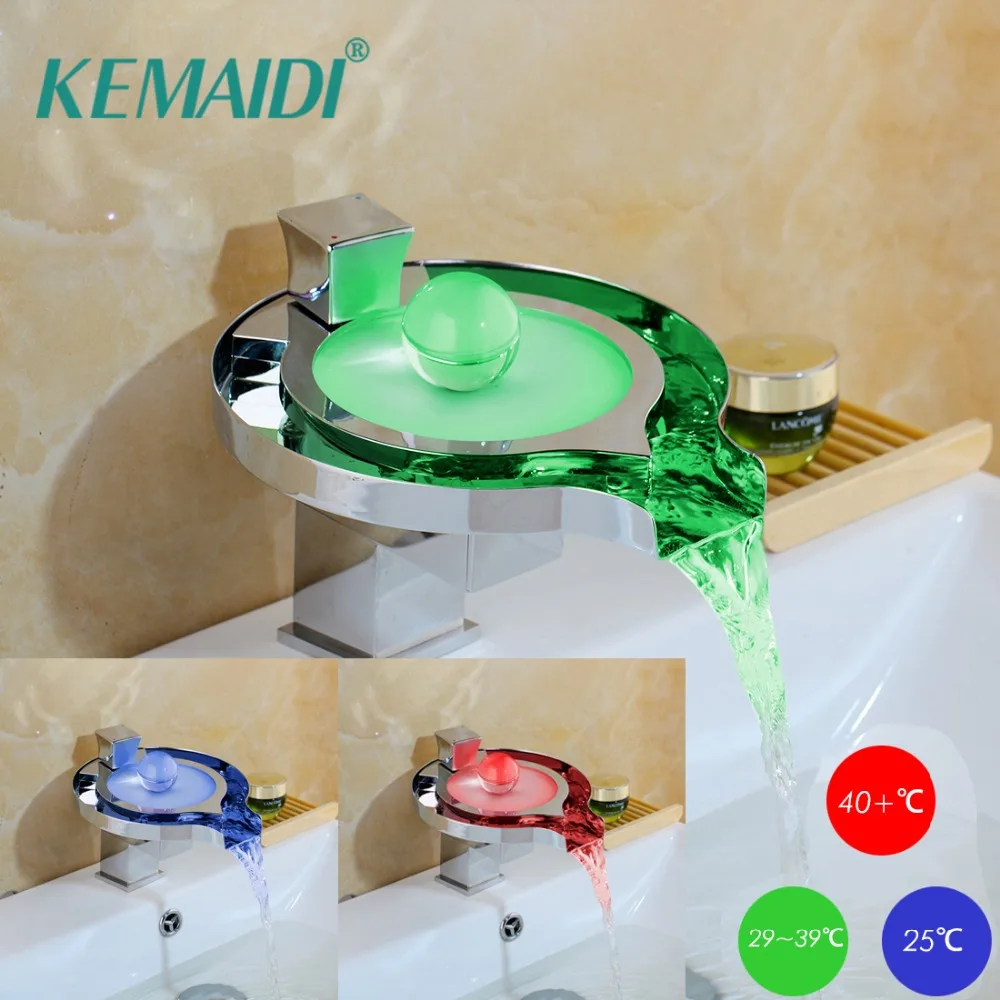 

KEMAIDI Bathroom Basin Faucet Polished Chrome LED Waterfall Spout Sink Mixer Cold Hot Water Tap Deck Mounted