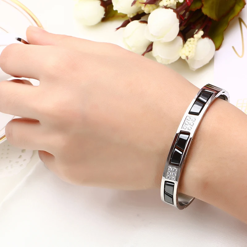 Black White Ceramic Stainless Steel Bracelet For Women 2018 New Arrival Crystal Rhinestone Women Bracelet Wedding Gift