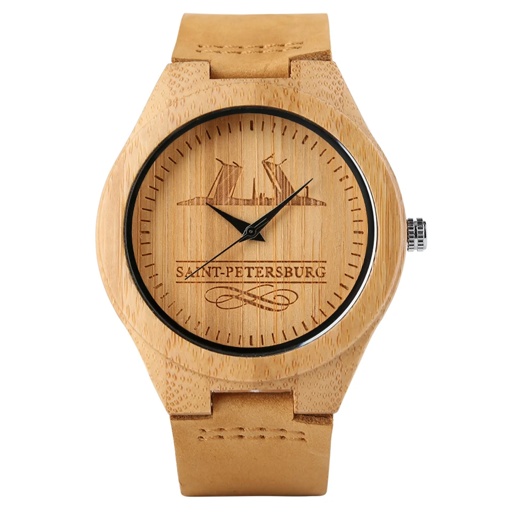 Sports Wooden Watches 2017 Women's Men's Russian Souvenirs Creative Engraving Saint Petersburg Minimalist Wristwatches Relogio