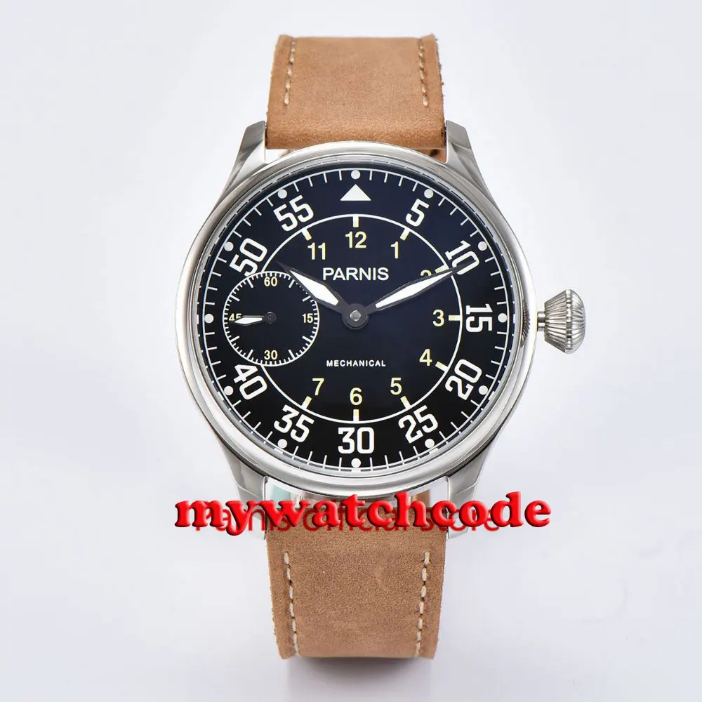 PARNIS Fashion 44mm Mechanical Hand Winding Watch Men 17 Jewels 6497 Movement Luminous Hand Camel Strap