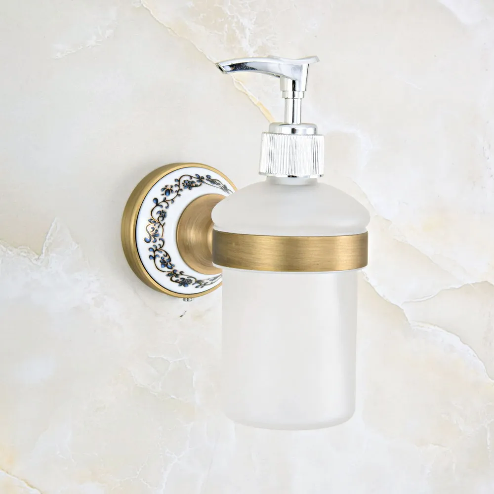 Imagem -05 - Antique Brass Casa de Banho e Cozinha Garrafa de Vidro Fixado na Parede Dispensador de Sabão Líquido Dispensadores de Sabão Titular Rack Mba814