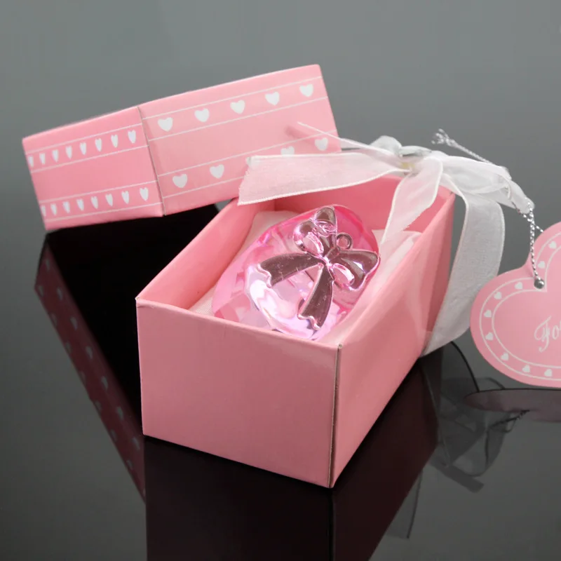 50pcs Pink Clear Crystal Baby Shoe Tie Bow  for Christening Favors Baby Shower Party Keepsakes Souvenirs Bridal Wholesale ZA1190