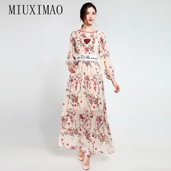 MIUXIMAO 2025 Spring Dress Fashion O-Neck Full Sleeve Elegant Sequined Floral Print Casual Style Ankle-Length Long Dress Women