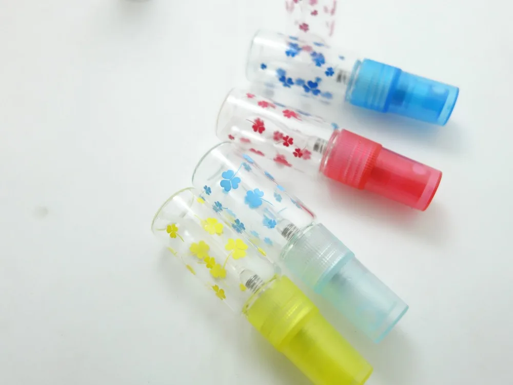 Free shipping by dhl 5ML 5G Colorful Clover Leaf Printing Clear Refillable Perfume Spray Empty Glass Bottle Atomizer lin3276