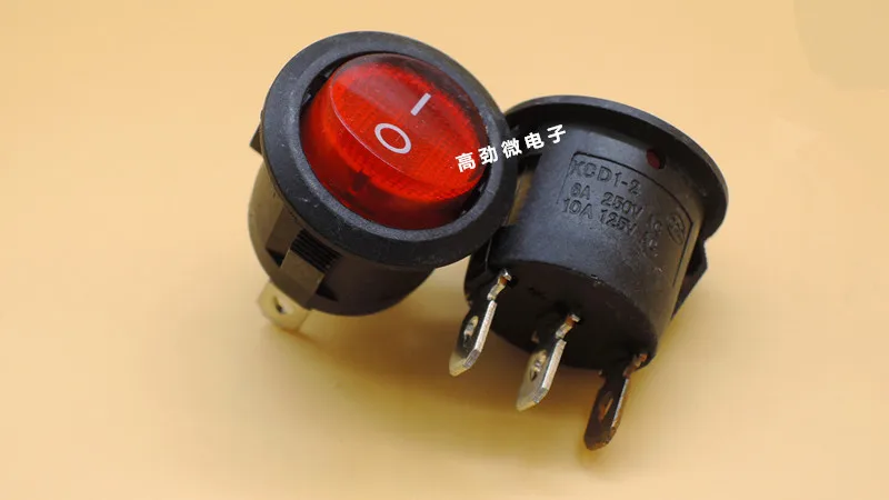 10pcs/Lot  Round ship type switch KCD1-105 red 3 pin 2 gear with light 6A/250V 10A/125V