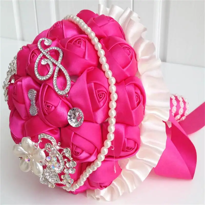 Hot fushia pearl artificial wedding bouquets crystal bridal wedding bouquets for wedding decoration