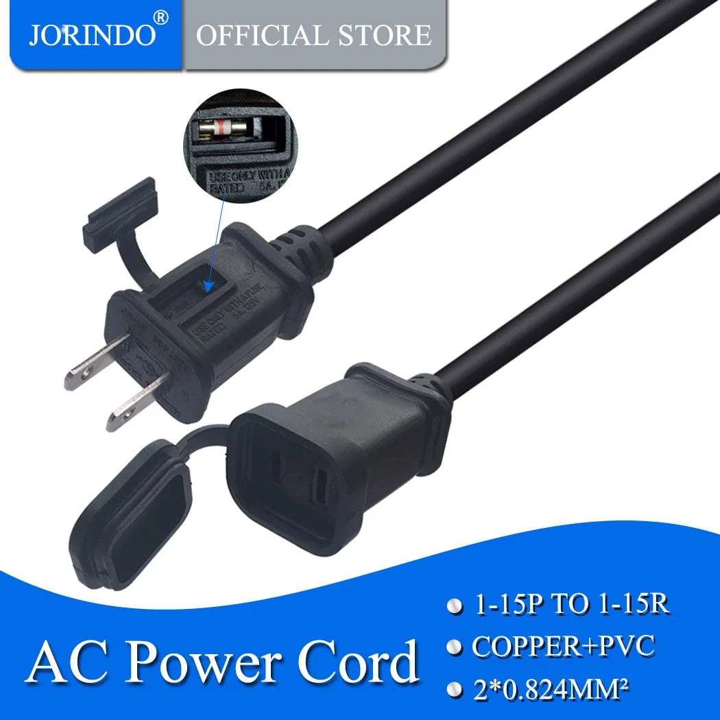 JORINDO 1M/3.2FT,USA 2 pin male to female power cable cord,1-15P TO 1-15R with waterproof cover Adapter Cable, with 5A fuse