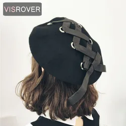 VISROVER New Sweet Cute Berets Women Winter Hats Soft Macaron color Ribbon Woolen Lolita Beret classical Soft Straps Cross Bow