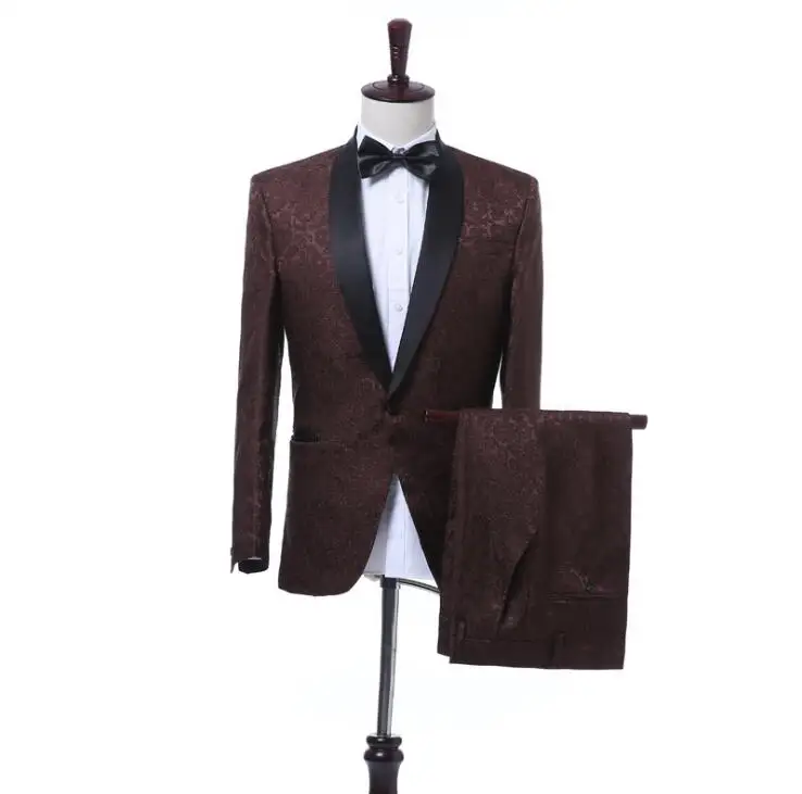 FOLOBE Tuxedo 2 Piece Jacquard Suit Luxury Brown Costume Mariage Homme Mens Suits With Pants Vintage Mens Suit British LS1624