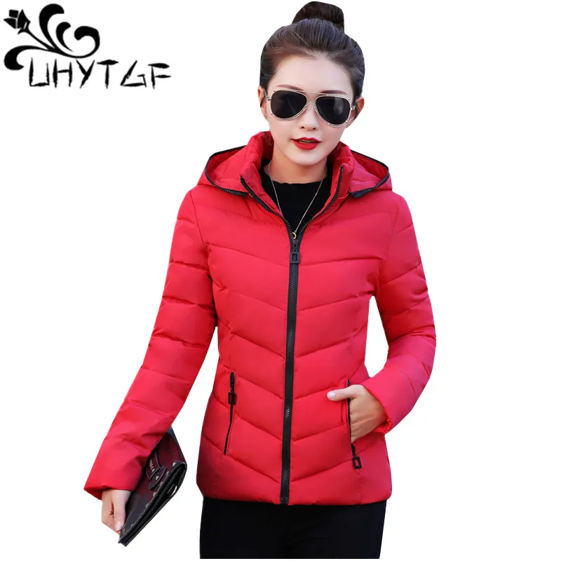 UHYTGF Winter Parka Women Autumn Down Jacket Big Size Hooded Coat Thick Warm Short Outerwear Female Cotton Padded Basic Top 165