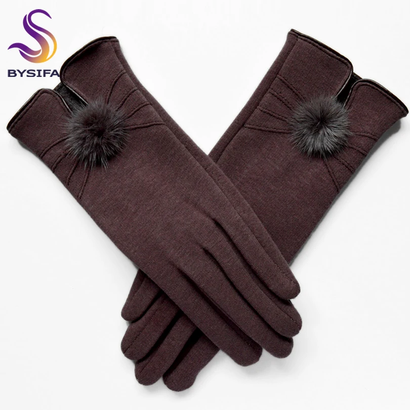 [BYSIFA] Women Mink ball Wool Gloves Fashion Opening Design Winter Ladies Gloves New Trendy Elegant Soft Black Mittens Gloves