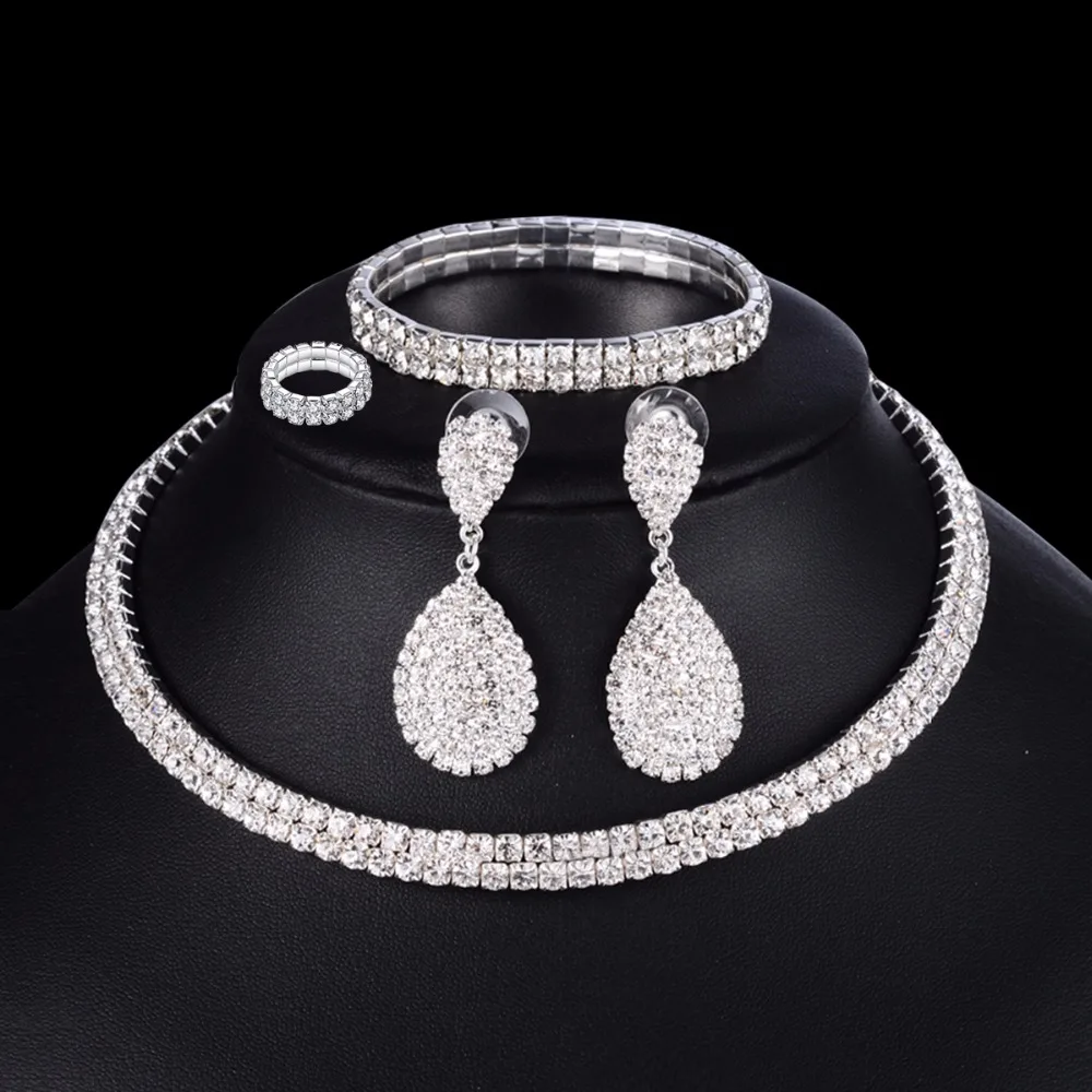 4 PCS Luxury Wedding Bridal Jewelry Sets for Brides Women Necklace Bracelet Ring Earring Set Elastic Rope Crystal Jewelry