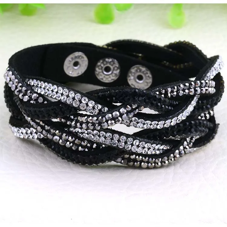 Miasol Braided Suede Leather Double Wrap Bracelet With Biling Crystal Rhinestone Wrapped Bracelet Armband For Women Gift