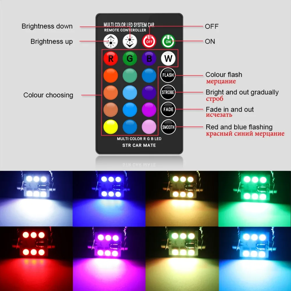 C5W LED RGB Festoon 31mm 36mm 39mm 42mm Car Interior Signal Lights Remote Control Multicolor Dome Light Reading Lamp Auto 12V