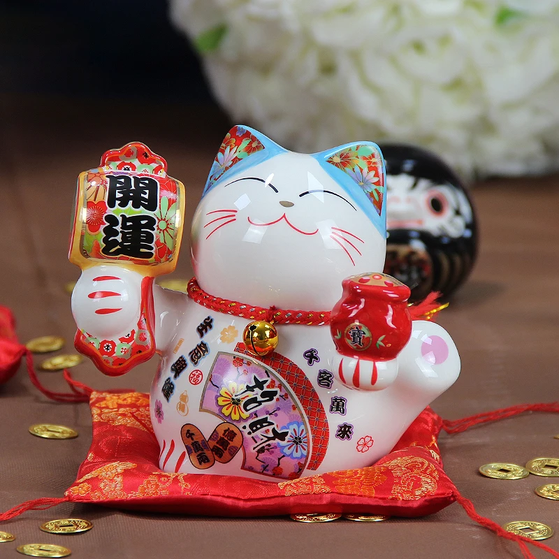 5.5 Inch Ceramic Maneki Neko Ornament Lucky Cat Money Box Japanese Fortune Cat Feng Shui Figurine Centerpiece Wedding Gift