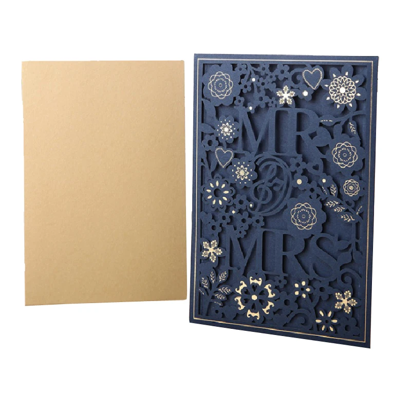50 pces mr & mrs cartões de convite de casamento azul direito corte a laser laço oco convida convites de casamento & cartão de noivado