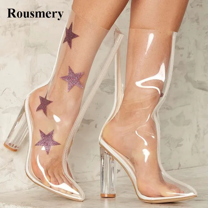 

Newest Women Fashion Pointed Toe Transparent PVC Mid-calf Thick Heel Boots Charming Stars Printed Crystal Heel Short Boots