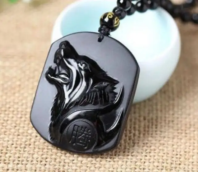 100% Natural Obsidian Hand-carved Animal Wolf Head Domineering Men's Style Lucky Amulet Pendant Necklace