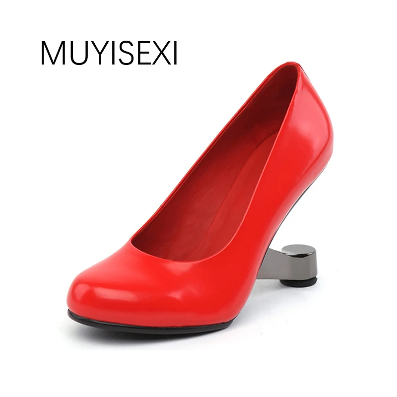 High Shoes Heel Women Shoes Pumps Strange Metal High Heel Slip On Genuine Leather High Heel Shoes Red Apricot HL058 MUYISEXI