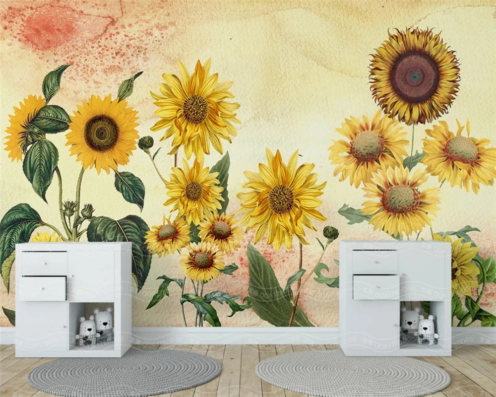 Papel de pared beibehang personalizado con personalidad moderna, papel tapiz vintage de girasol pintado a mano, pintura decorativa de fondo