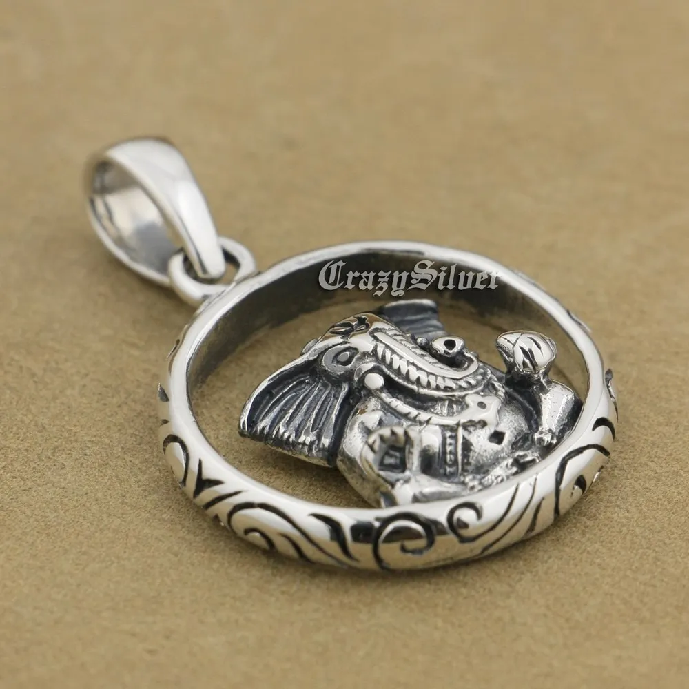 LINSION 925 Sterling Silver Lord Ganesha Mens Biker Rocker Punk Round Pendant 9V012