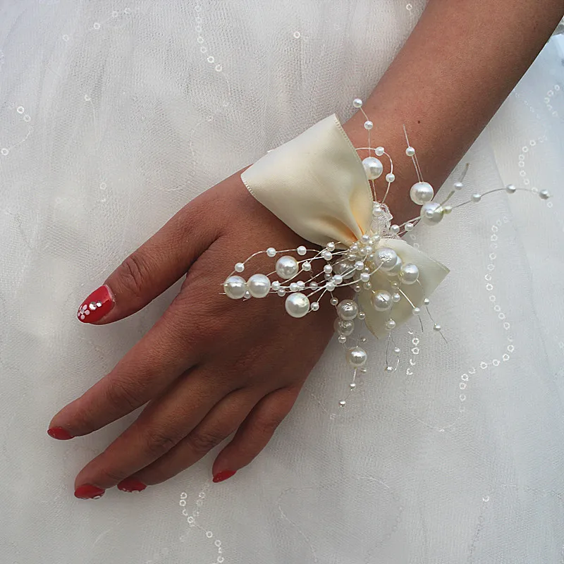 Wifelai-a Ivory Bow Tie Flowers Ribbon Bride Wrist Flowers with Pearls Bridesmaids Silk Hand Flowers Wedding Corsages